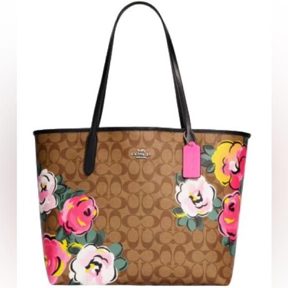 City Tote In Signature Canvas With Vintage Rose Print - Picture 1 of 9